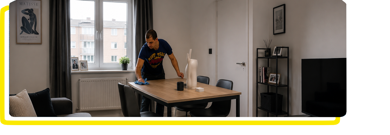 Man Cleaning Table in Modern Apartment Hero